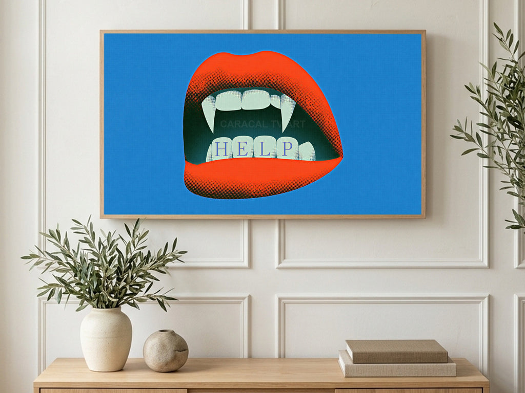 Vampire Fangs Help art on a TV in a living room