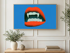 Vampire Fangs Help art on a TV in a living room