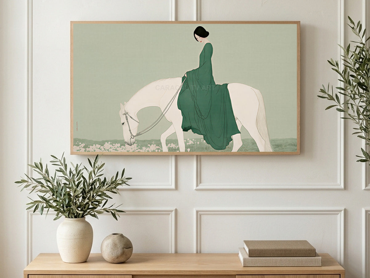 Green Gown Rider art on a TV in a living room