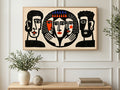 Crowned Linocut Faces art on a TV in a living room