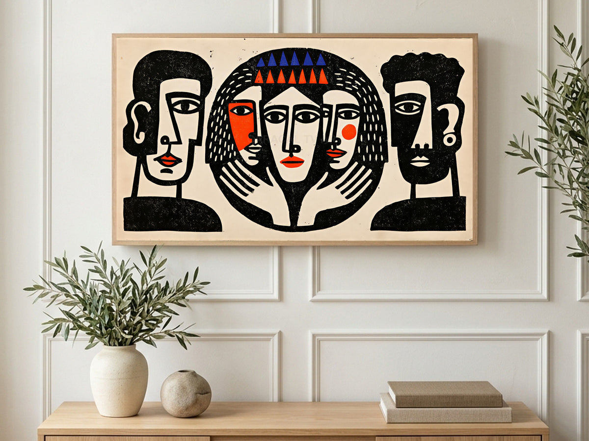 Crowned Linocut Faces art on a TV in a living room