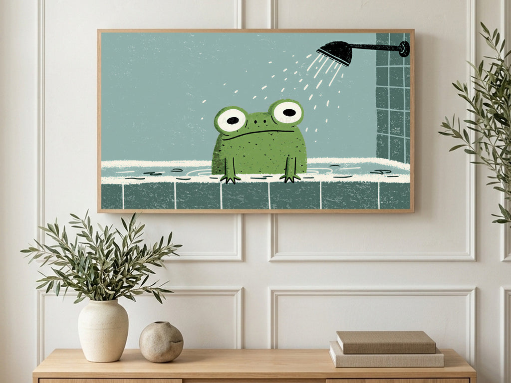 Shower Time Frog art on a TV in a living room