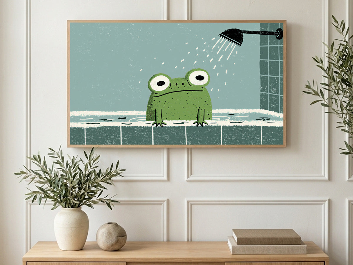 Shower Time Frog art on a TV in a living room