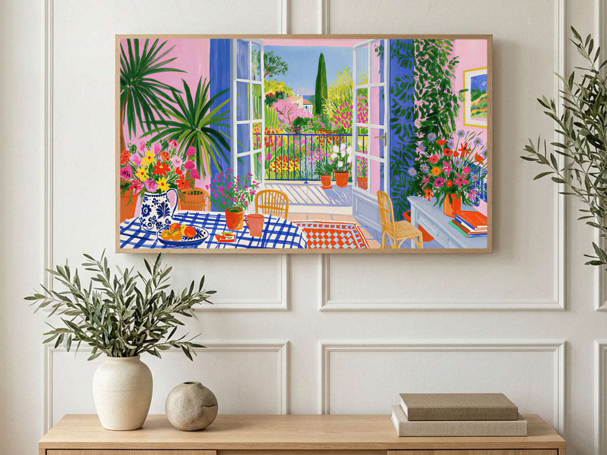 Blue Door Terrace art on a TV in a living room