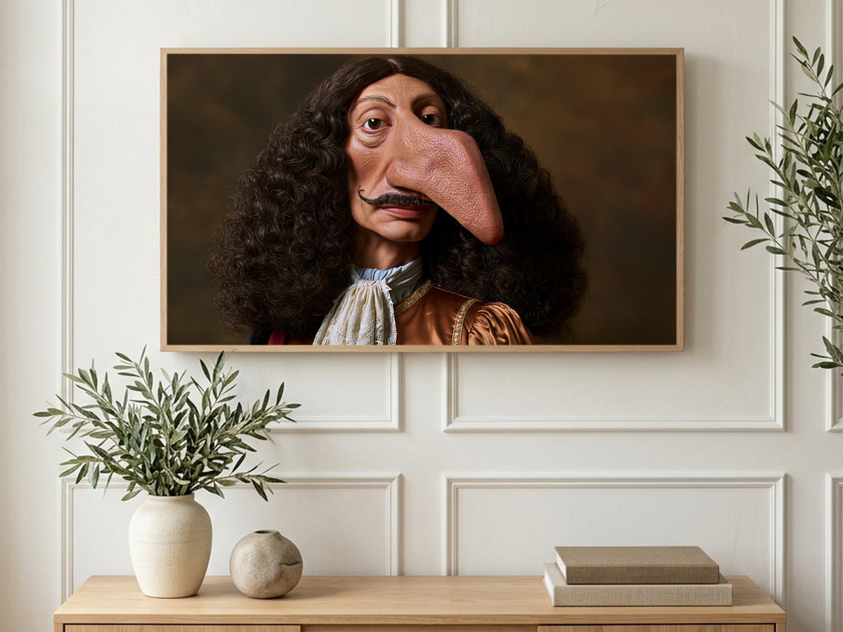 Baroque Big Nose Portrait art on a TV in a living room