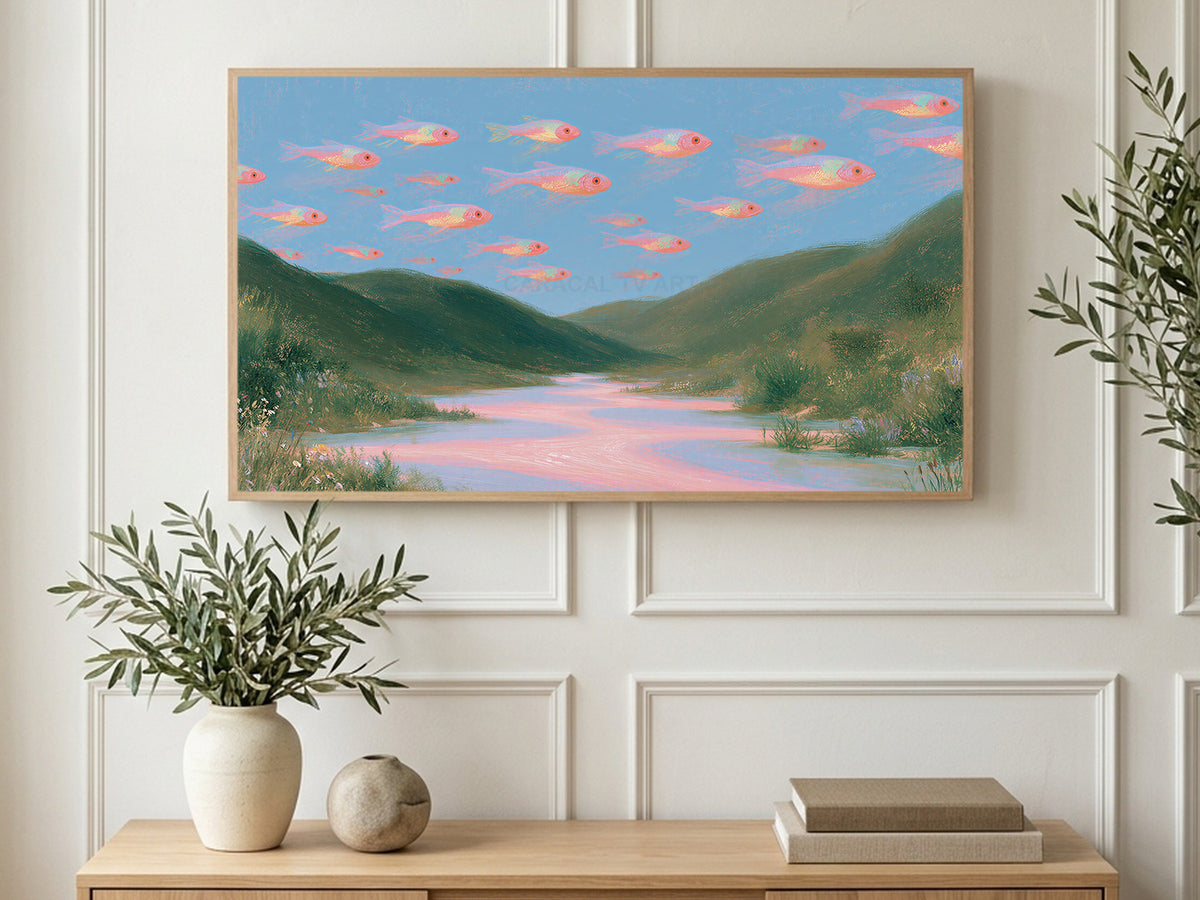 Fish in the Sky art on a TV in a living room