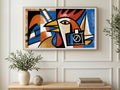 Cubist Rooster Film Strip art on a TV in a living room