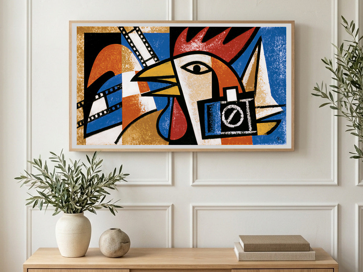 Cubist Rooster Film Strip art on a TV in a living room