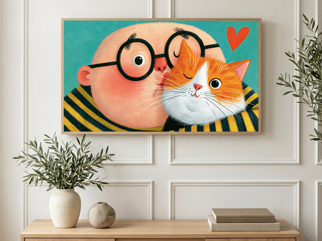 Cheek to Cheek Cat art on a TV in a living room