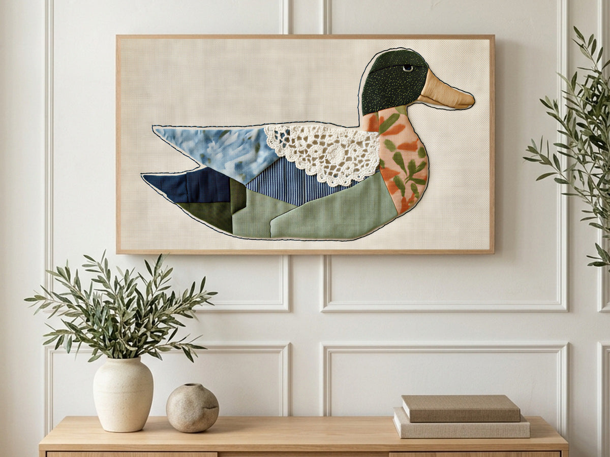 Patchwork Lace Duck art on a TV in a living room