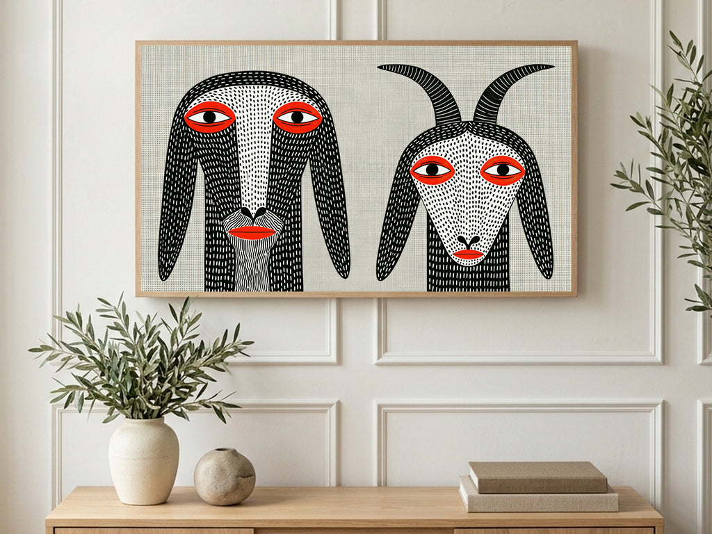 Dotted Folk Goats art on a TV in a living room