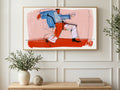 Dancing Man Lines art on a TV in a living room