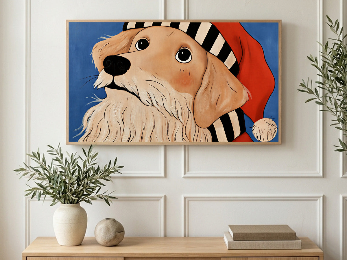 Santa Hat Retriever art on a TV in a living room