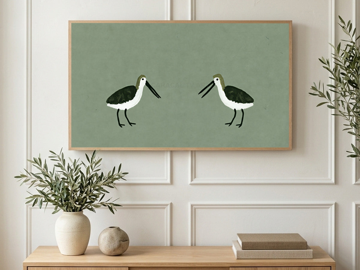 Sage Shorebirds art on a TV in a living room