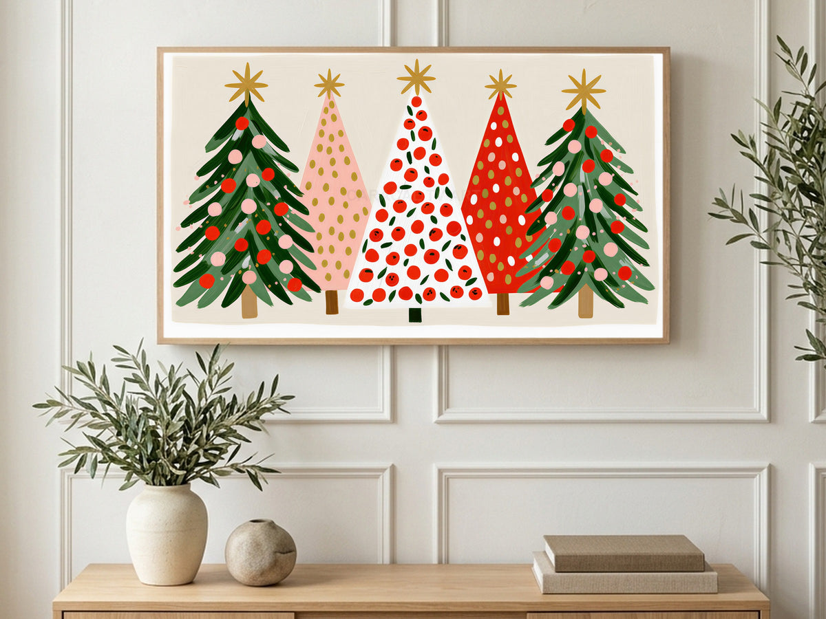 Gold Star Tree Row art on a TV in a living room