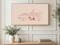 Highland Cow Lighthouse art on a TV in a living room