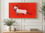 White Cat on Red art on a TV in a living room