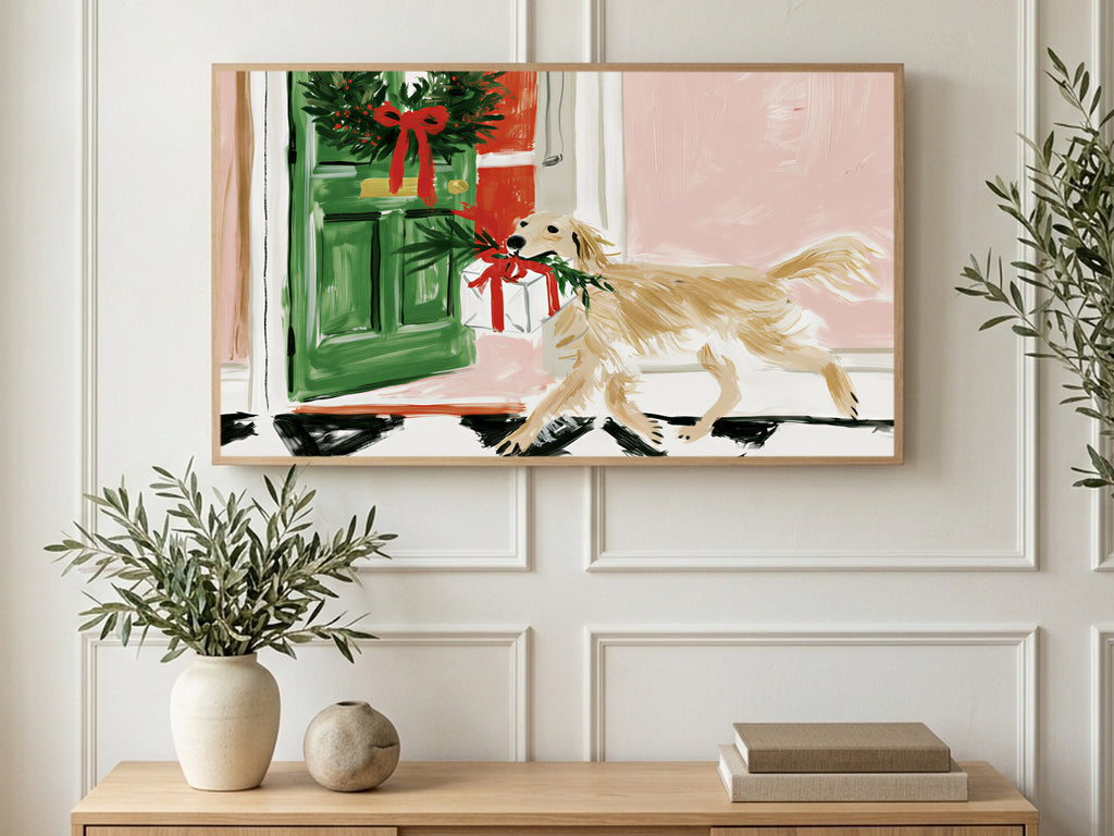 Labrador Gift Delivery art on a TV in a living room