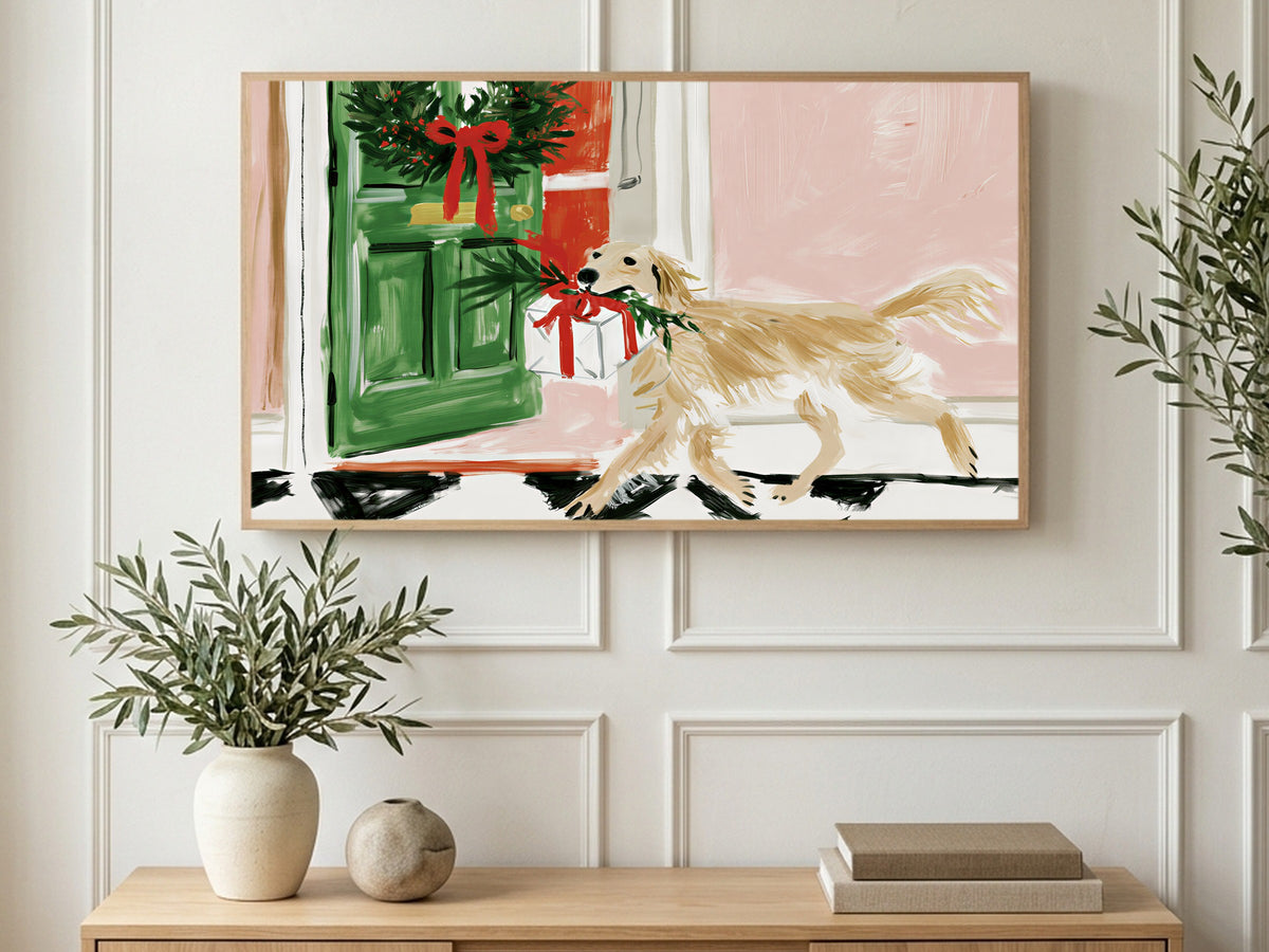 Labrador Gift Delivery art on a TV in a living room