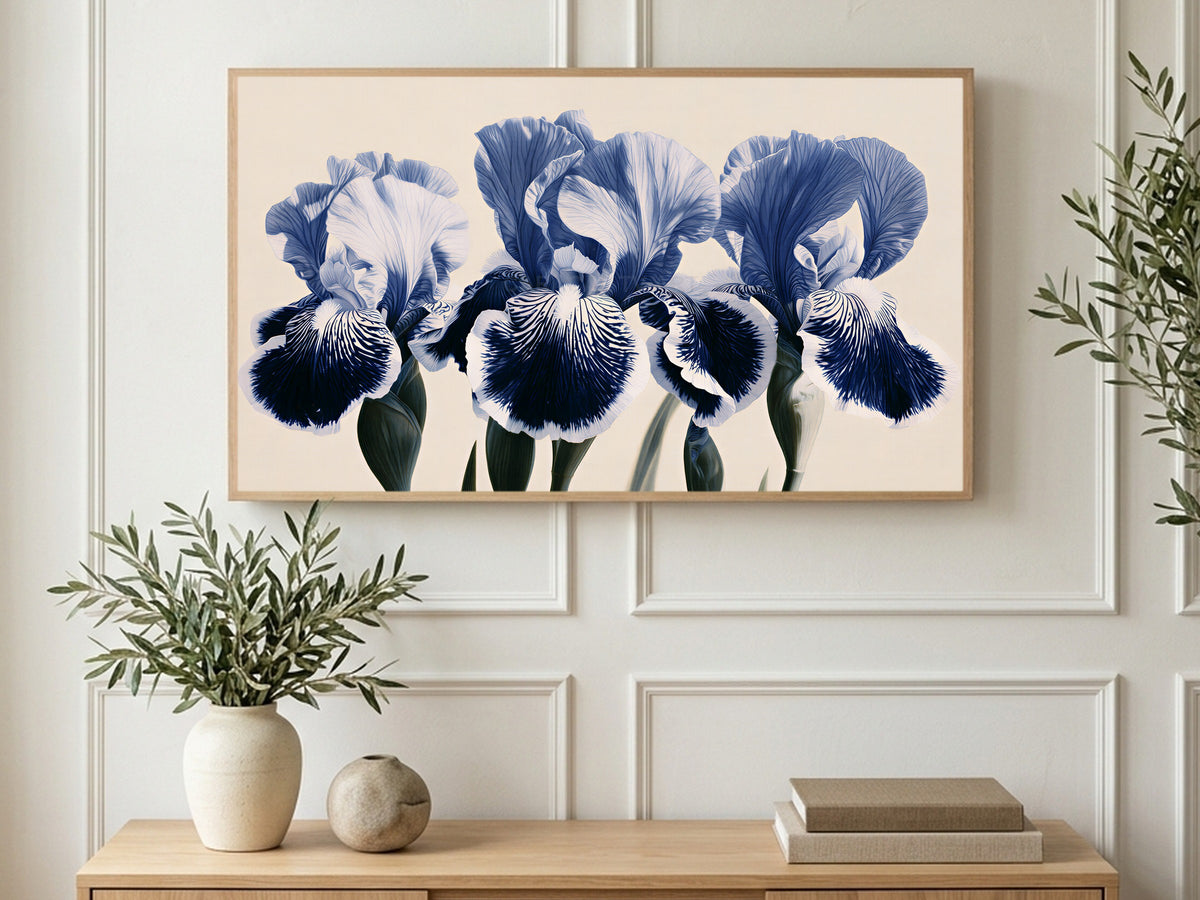 Three Blue Irises art on a TV in a living room
