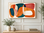 Orange Teal Organic Shapes art on a TV in a living room