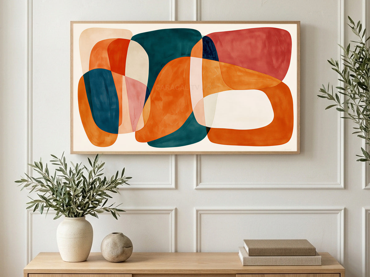 Orange Teal Organic Shapes art on a TV in a living room
