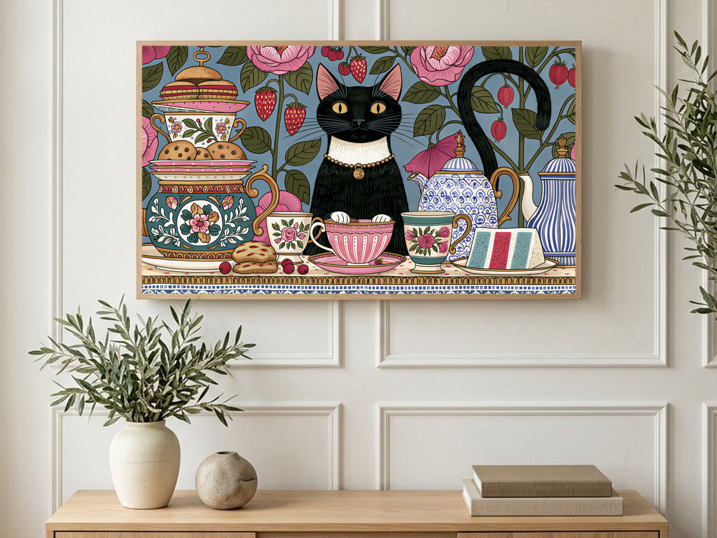 Black Cat Tea Party art on a TV in a living room