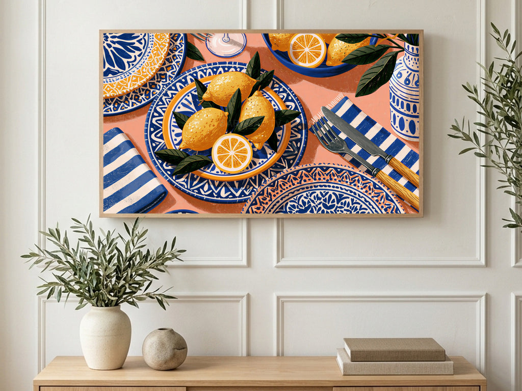 Lemons on Blue Plates art on a TV in a living room
