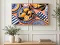 Lemons on Blue Plates art on a TV in a living room