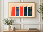 Five Tall Cats art on a TV in a living room