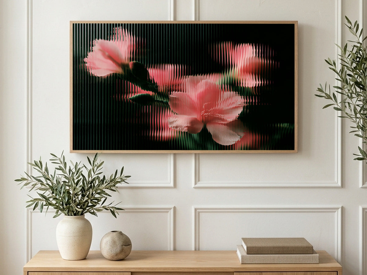 Flowers Behind Ribbed Glass art on a TV in a living room