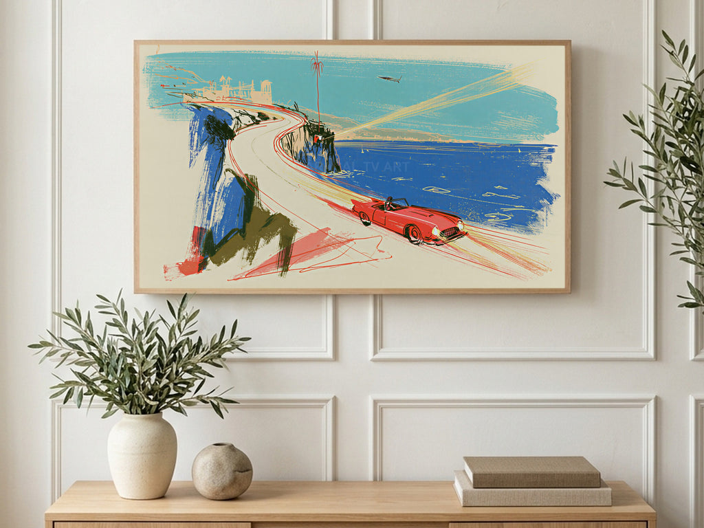 Cliffside Red Convertible art on a TV in a living room