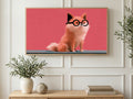Serious Pink Pup art on a TV in a living room