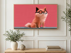 Serious Pink Pup art on a TV in a living room
