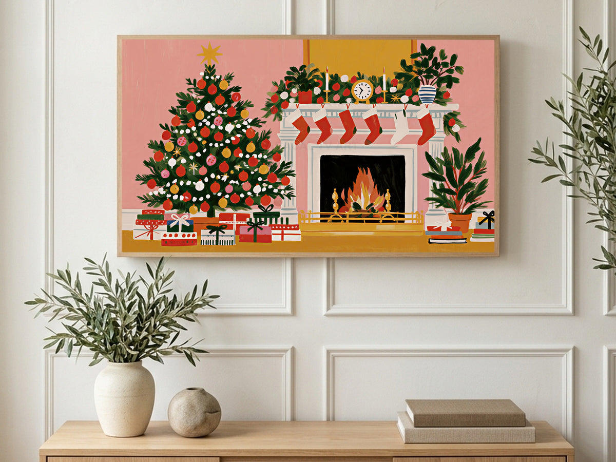 Pink Wall Fireside art on a TV in a living room