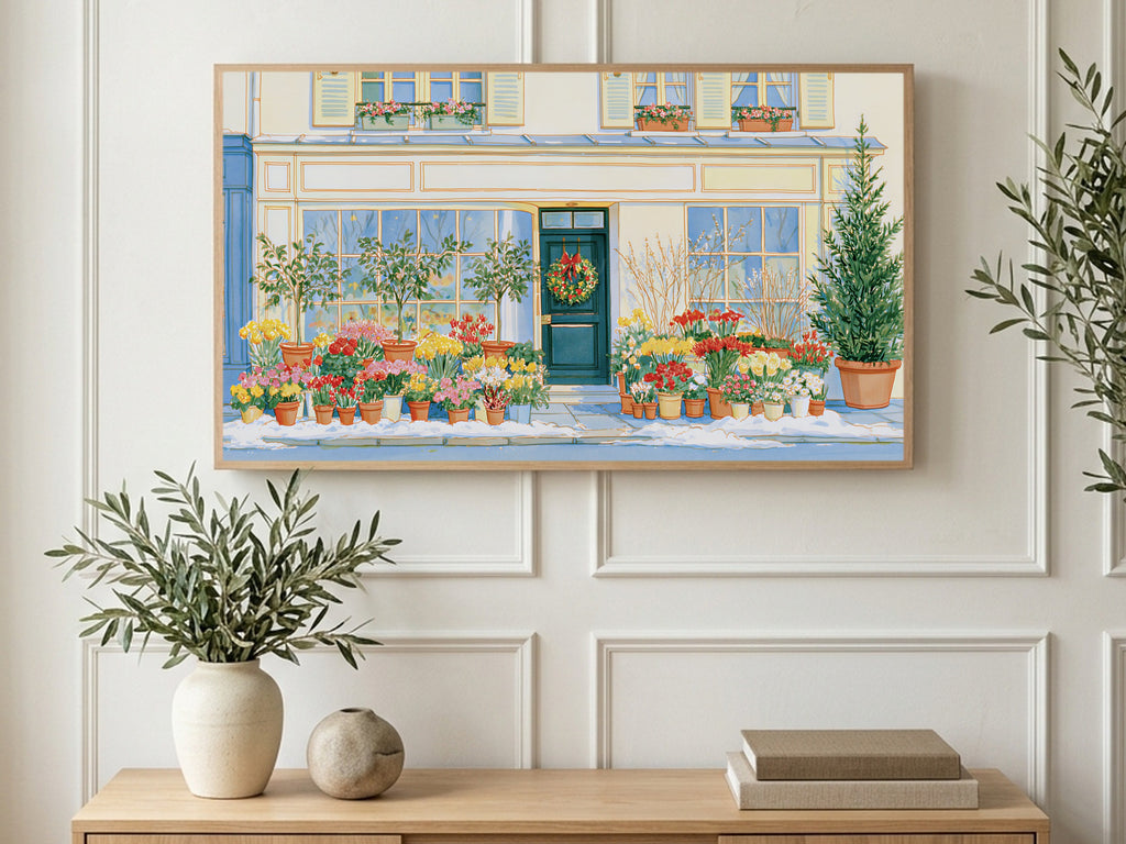 Snowy Paris Flower Shop art on a TV in a living room