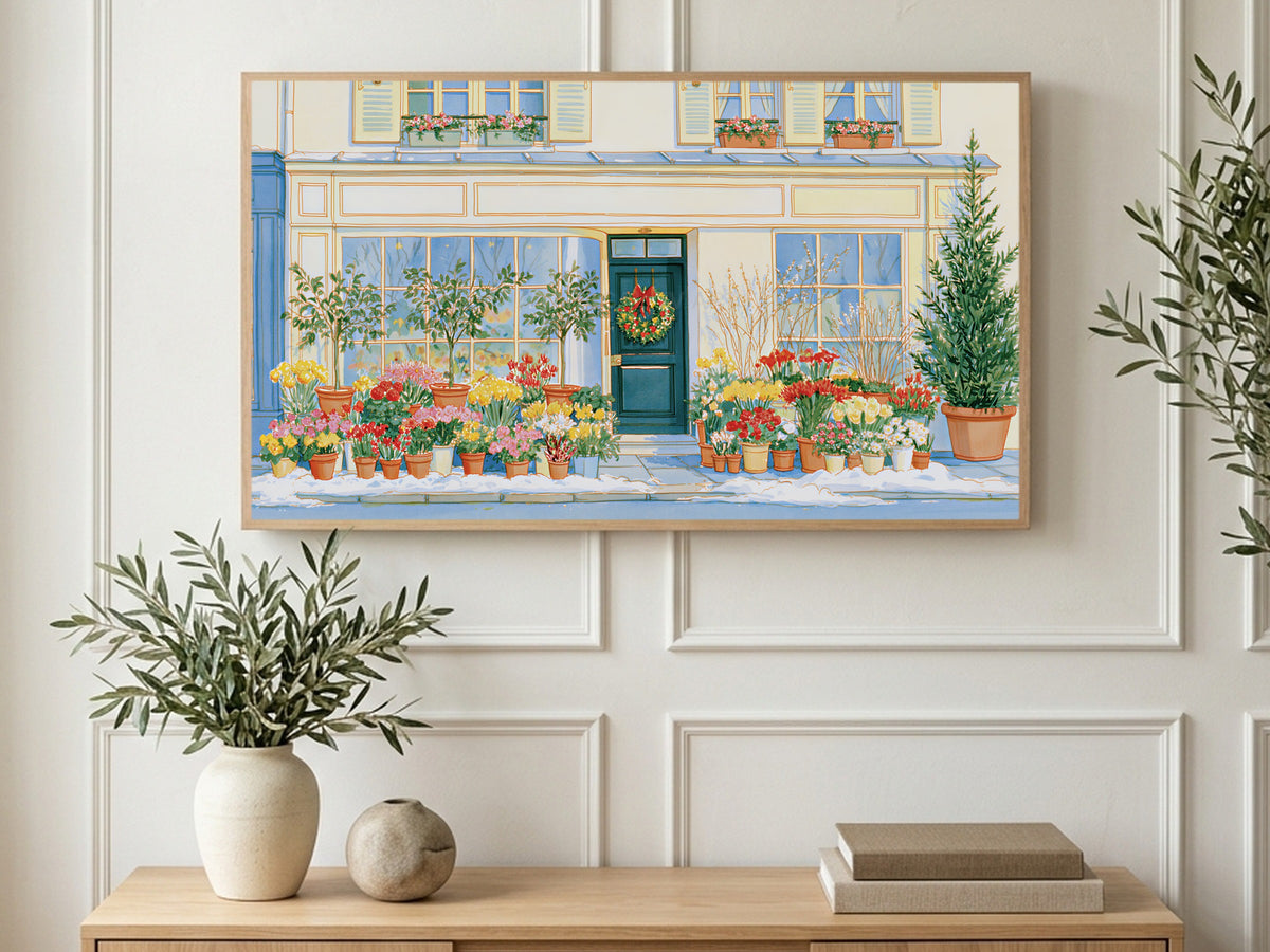 Snowy Paris Flower Shop art on a TV in a living room