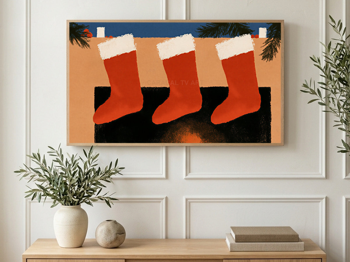 Three Mantel Stockings art on a TV in a living room