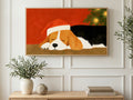Sleepy Santa Beagle art on a TV in a living room