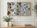 Faded Blue Florals art on a TV in a living room