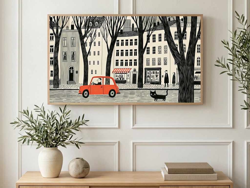 Red Car City Street art on a TV in a living room