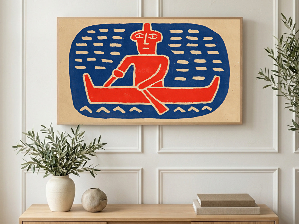 Red Canoe Paddler art on a TV in a living room