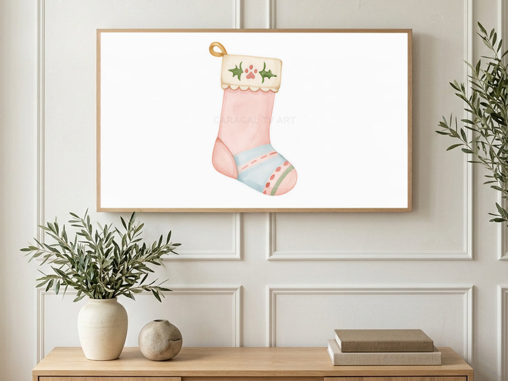Paw Print Stocking art on a TV in a living room