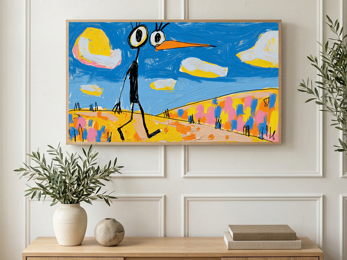 Beaked Alien Stroll art on a TV in a living room