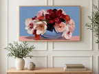 Peonies and Orchids Bowl art on a TV in a living room