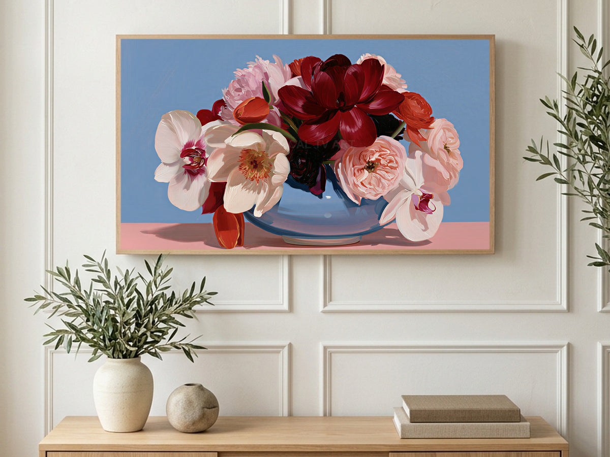 Peonies and Orchids Bowl art on a TV in a living room