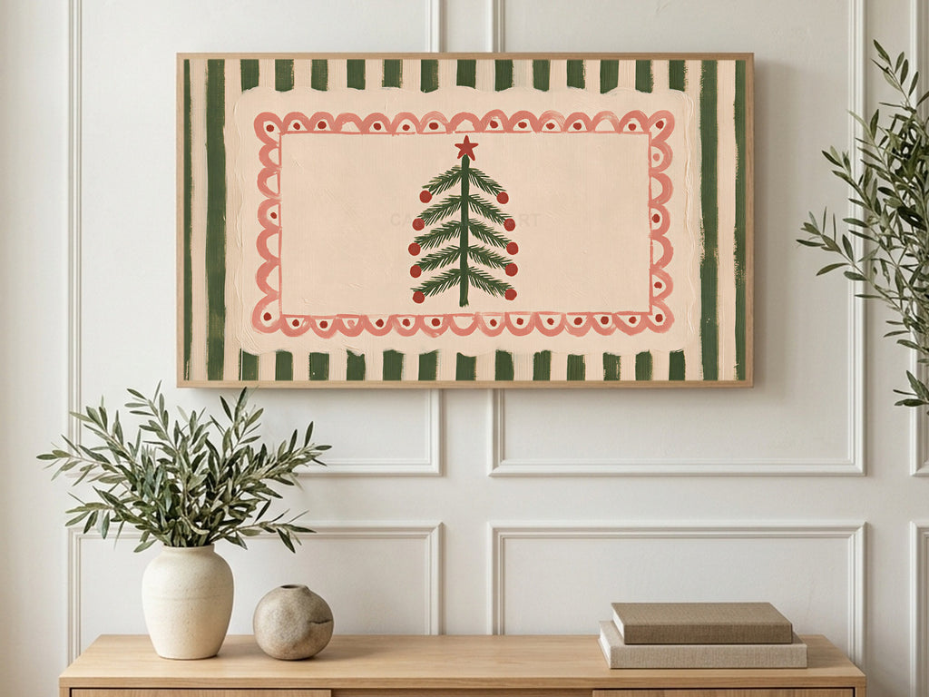 Scalloped Folk Tree art on a TV in a living room