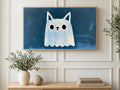 Cat Eared Ghost art on a TV in a living room