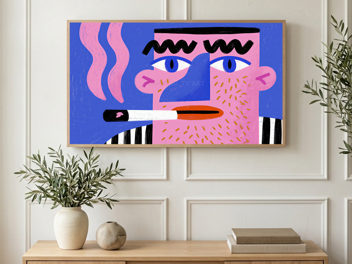 Smoke Break Portrait art on a TV in a living room