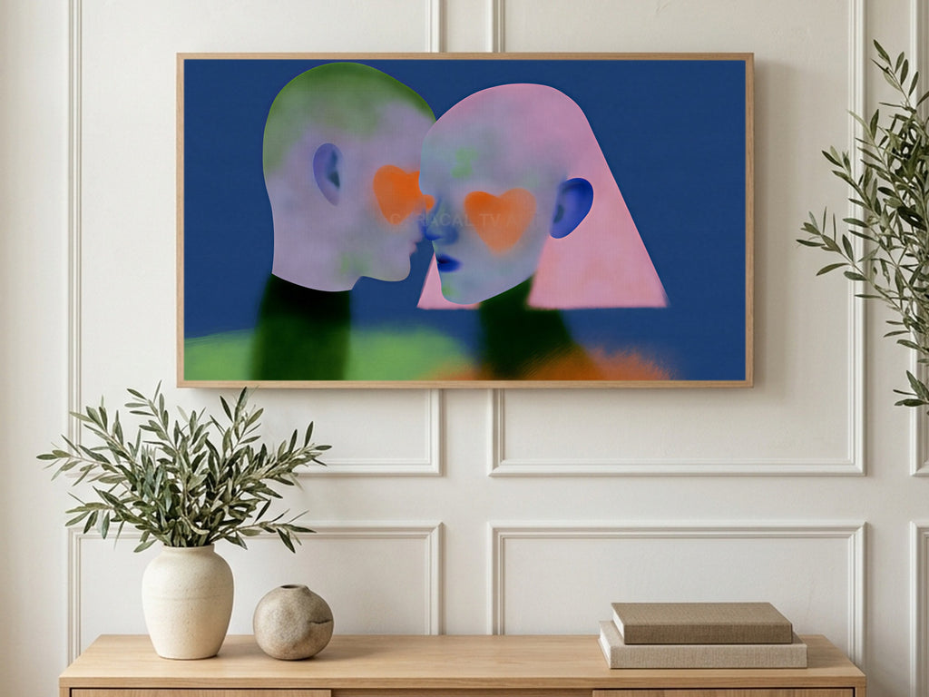 Heart Cheek Faces art on a TV in a living room